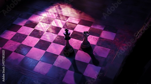 Intense lighting on chessboard with fallen king representing themes of competition photo