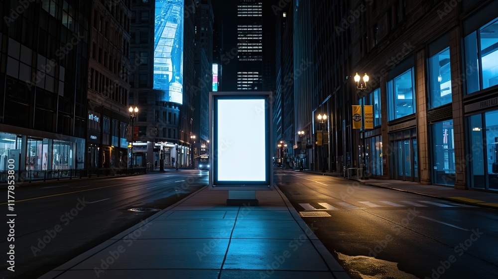 Fototapeta premium Urban Nightscene with Empty Billboard and Bus Stop, Depicting Modern City Silence and Opportunity