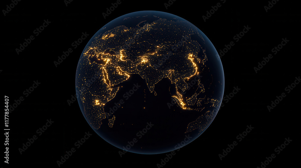 Fototapeta premium digital globe with glowing nodes representing global connectivity and success, highlighting illuminated regions across continents against dark background
