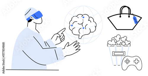 Person using VR headset, pointing at brain, surrounded by bag, popcorn, and gaming controller. Ideal for technology, virtual reality, gaming, entertainment shopping neuroscience innovation