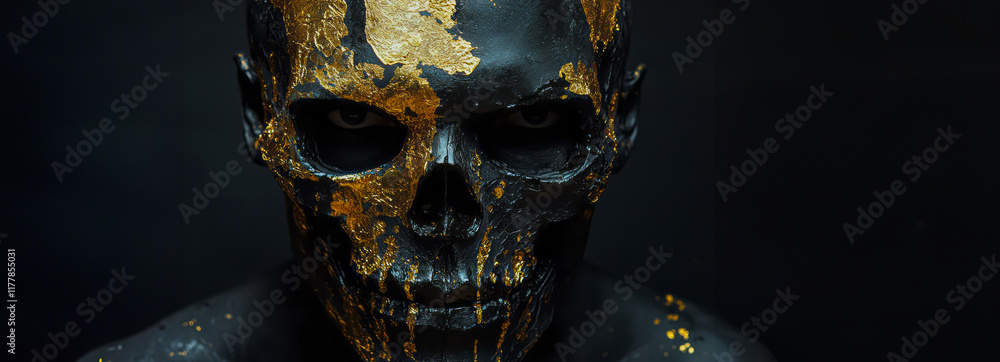Golden Skull Mask: Modern Symmetrical Portrait of an Ebony Sculpture Golden Skull Mask: Modern Symmetrical Portrait of an Ebony Sculpture