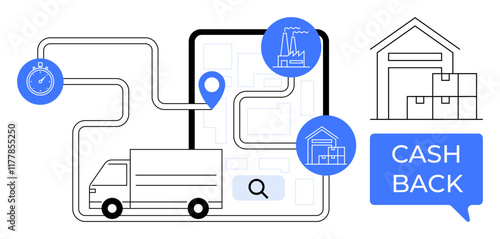 Delivery truck follows a mapped route with location pins, factory, warehouse, and stopwatch icons. Cash back incentive for efficient delivery. Ideal for logistics, supply chain, transportation