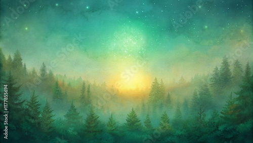 Mystical forest sunrise with glowing green sky
