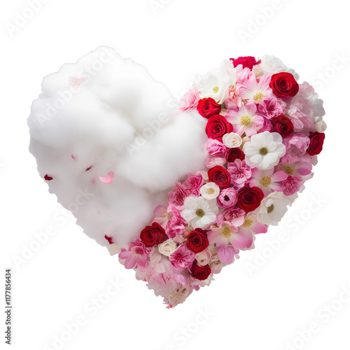 Heart of flowers. Heart Shaped Composition of Red and Pink Flowers Mixed with White Fluffy Cloud Texture, on Transparent Background.