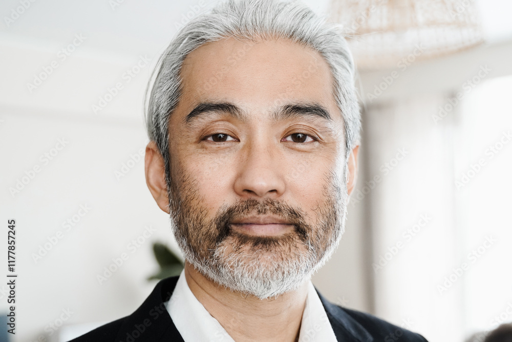Photo young Asian business man looking at camera inside office workplace Photo young Asian business man looking at camera inside office workplace