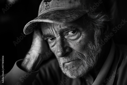  black-and-white portrait of an old man with his hand on his forehead, wearing a baseball cap, looking sad. 