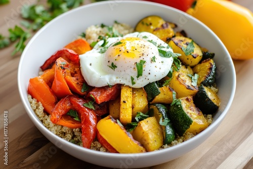 Grilled vegetables with quinoa and sunny side up egg in a bowl photo