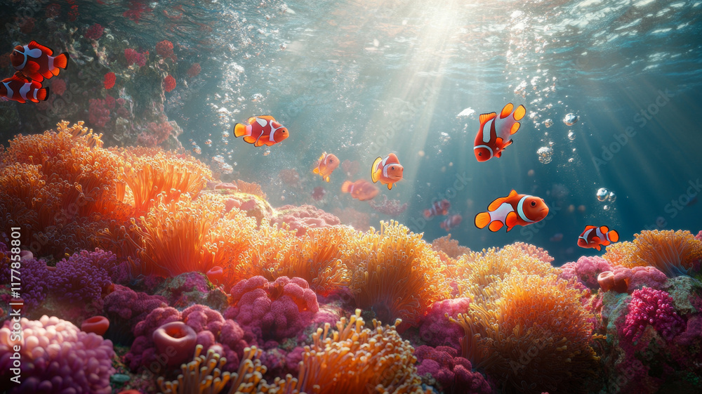 Fototapeta premium A vibrant coral reef teeming with life, with clownfish scurrying between the anemones. Underwater world
