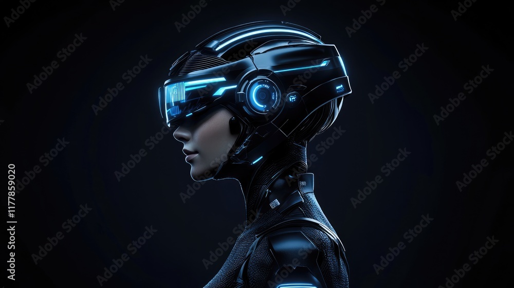 Futuristic woman in profile wearing a high-tech helmet with glowing blue accents against a dark background. Futuristic woman in profile wearing a high-tech helmet with glowing blue accents against a dark background.