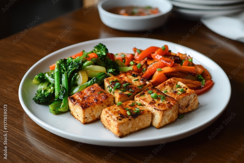 Grilled tofu with stir-fried vegetables on white plate Grilled tofu with stir-fried vegetables on white plate