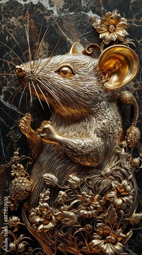 golden mouse design featuring detailed patterns and metallic textures against a dark marble background photo