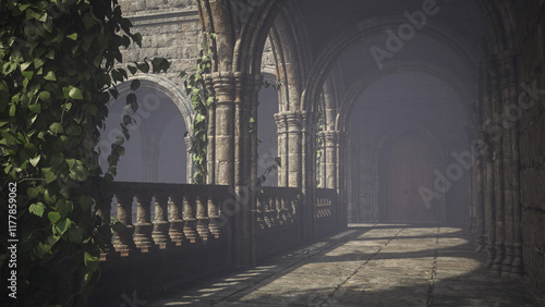 Schilderij op canvas Early morning sun light casts shadows in the Gothic cloisters of a medieval castle