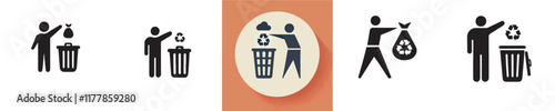 Vector collection of icons of people throwing rubbish in simple black and white designs