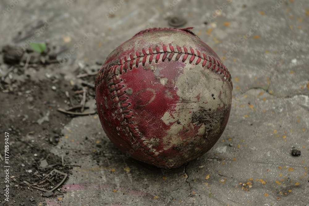 Weathered baseball is lying on cracked asphalt, showing signs of wear and tear