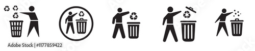 Vector collection of icons of people throwing rubbish in simple black and white designs