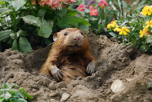 European mole near flowering shrub photo