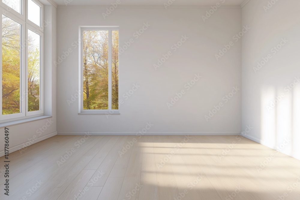 Obraz premium A large empty room with a window and a white wall. The room is very clean and empty, with no furniture or decorations. The sunlight coming in through the window creates a warm and inviting atmosphere