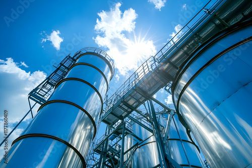 Industrial cooling towers under a bright blue sky