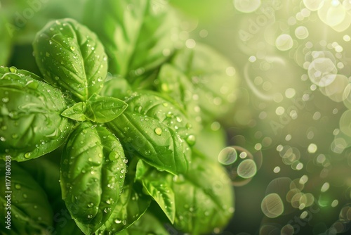 Vibrant green basil plant flourishing outdoors with glistening water droplets on its leaves photo