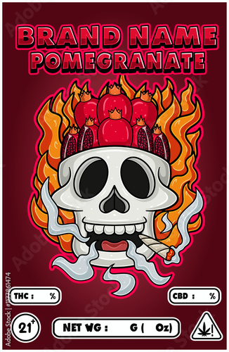 Cartoon Pomegranate Fruit on Skull Head Smoking And Burning Fire Backgrounds.