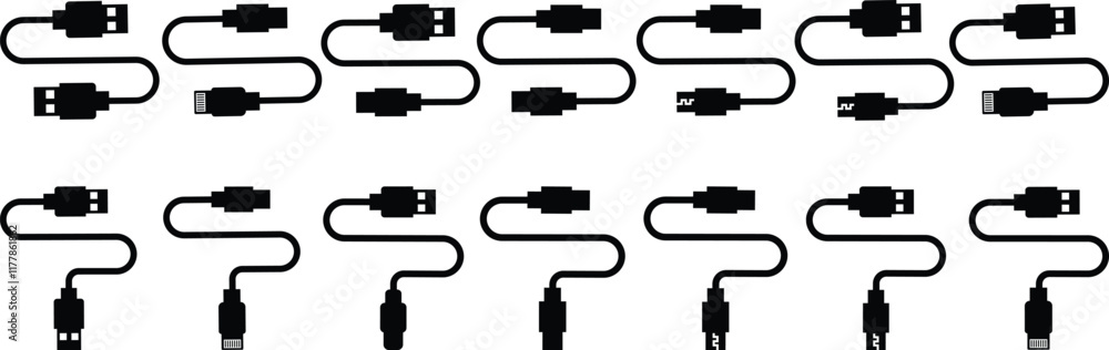 USB cable Icon in flat set. Streamlined network cable connections Ethernet phone socket. Mobile wire charger. Electronic hardware vector for apps or web isolated on transparent background USB cable Icon in flat set. Streamlined network cable connections Ethernet phone socket. Mobile wire charger. Electronic hardware vector for apps or web isolated on transparent background