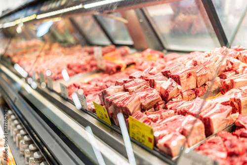 Fresh red meat cuts displayed in refrigerated case
