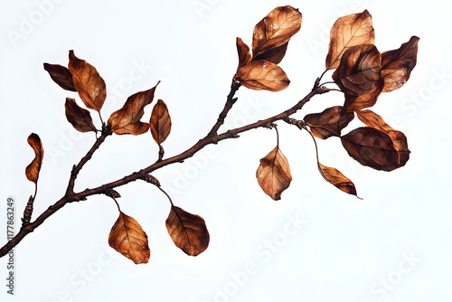 An autumn branch with dry brown leaves, isolated against a transparent background, conveying the essence of fall.