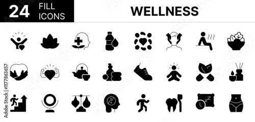 Collection of 24 wellness fill icons featuring editable strokes. These outline icons depict various modes of wellness, activity, acupuncture, aroma, balance, beauty, care, editable, emotional,