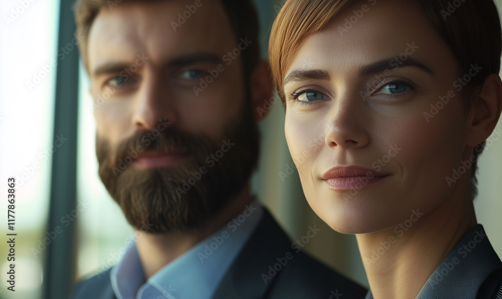 Close-up portrait of a man with a beard and a woman in professional attire looking confidently at the camera indoors Close-up portrait of a man with a beard and a woman in professional attire looking confidently at the camera indoors