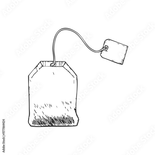 Tea Bag with Tea Hand-Drawn Vector, Graphic Style, Cartoon Illustration, Black and White, Sketch Style, Isolated on White Background