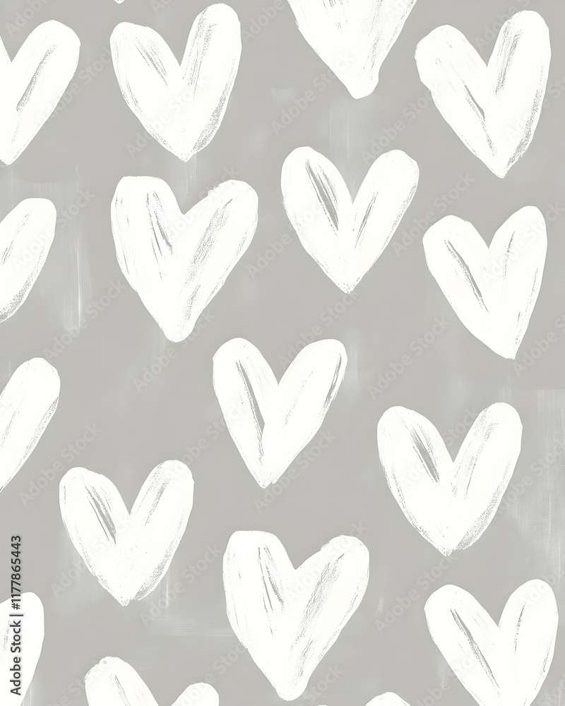 A pattern of white hearts on a gray background, ideal for decor or design projects. A pattern of white hearts on a gray background, ideal for decor or design projects.
