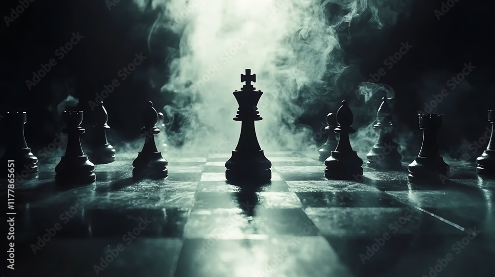 Chessboard in dramatic lighting showcasing toppled king symbolizing the challenge of competition Chessboard in dramatic lighting showcasing toppled king symbolizing the challenge of competition