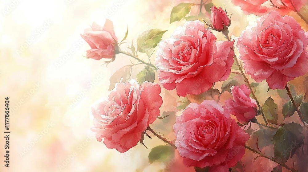 Fototapeta premium Blooming pink roses in sunny garden, soft background.