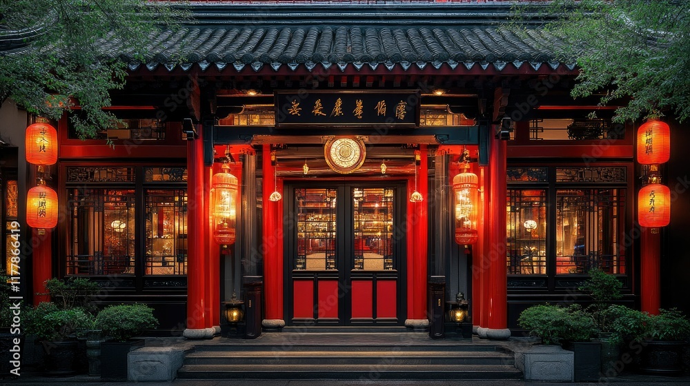 Elegant Chinese Restaurant Entrance At Night Elegant Chinese Restaurant Entrance At Night