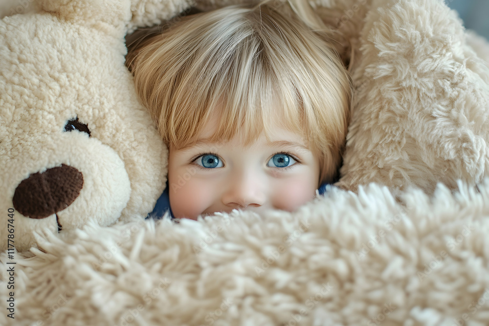 Shy preschooler hiding behind a teddy bear, symbolizing early childhood psychological challenges and the need for care Shy preschooler hiding behind a teddy bear, symbolizing early childhood psychological challenges and the need for care