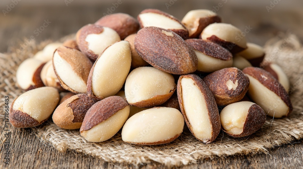 Obraz premium Brazil nuts piled on burlap on rustic wood table.
