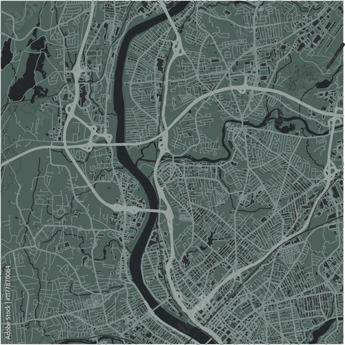 Map of Chicopee in Massachusetts in a smooth dark style. Contains layered vector with roads water, parks, etc.