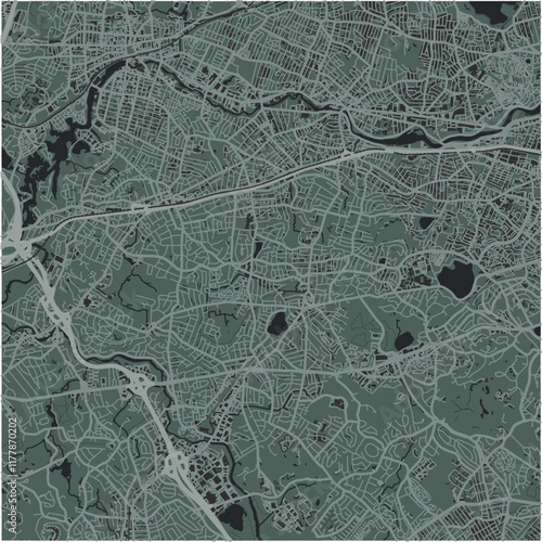 Map of Newton in Massachusetts in a smooth dark style. Contains layered vector with roads water, parks, etc.