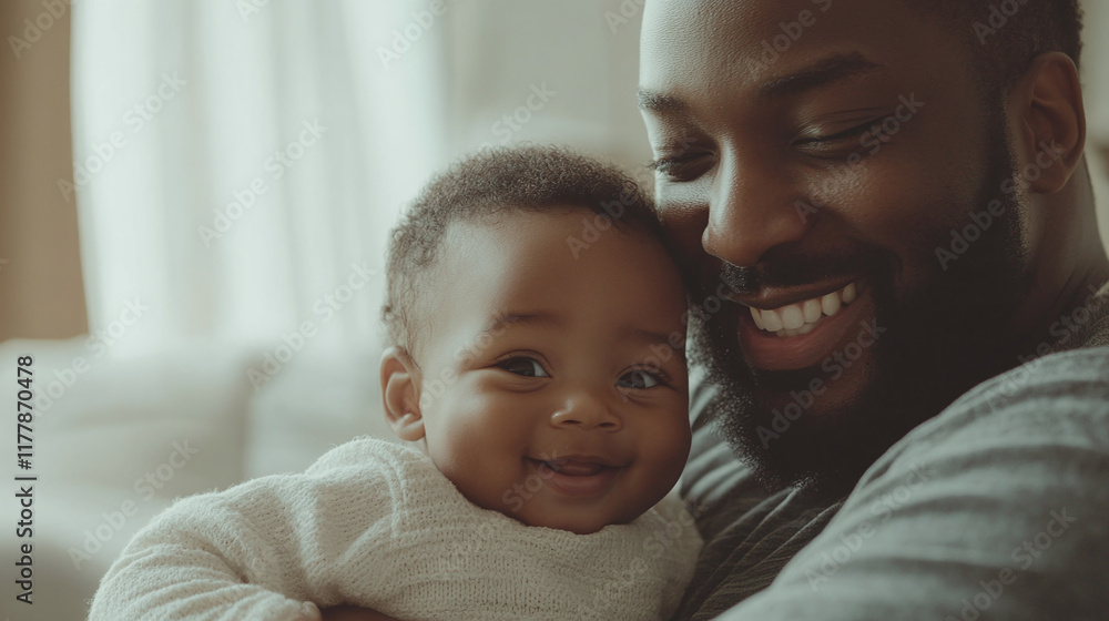 Closeup of black skinned african american father and son, adult man dad and little newborn infant toddler baby boy hugging and smiling in living room home interior, sitting together, playing, bonding. Closeup of black skinned african american father and son, adult man dad and little newborn infant toddler baby boy hugging and smiling in living room home interior, sitting together, playing, bonding.