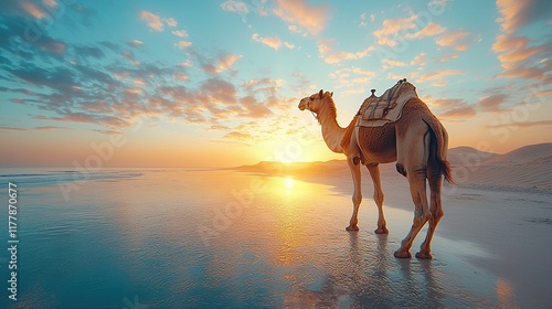 Camel on beach at sunset with ocean reflection and dunes.