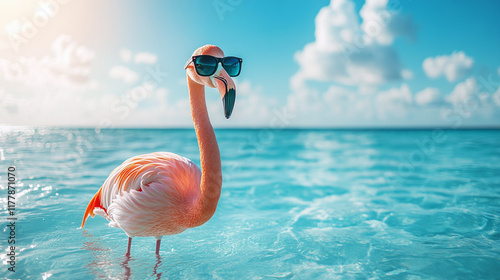 Pink flamingo wearing sunglasses, standing in blue sea or ocean water closeup portrait, copy space. tropical summer holiday vacation, weekend relaxation leisure in paradise.