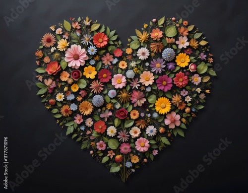 A heart-shaped design created with an intricate arrangement of colorful flowers and vibrant green leaves on a white background. This artistic composition symbolizes love, renewal, and the arrival of s