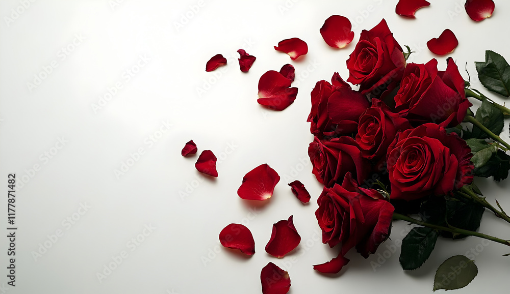 Bouquet of Red Roses with Scattered Petals on a White Background, Romantic Valentine's Day Design
Bouquet of Red Roses with Scattered Petals on a White Background, Romantic Valentine's Day Design