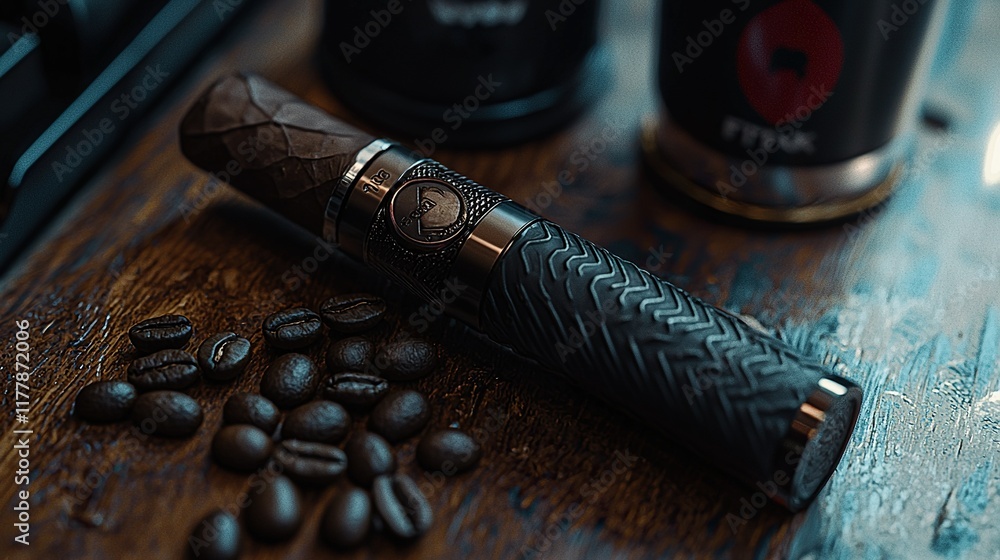 Cigarillo and coffee beans on desk with keyboard and mugs. Cigarillo and coffee beans on desk with keyboard and mugs.