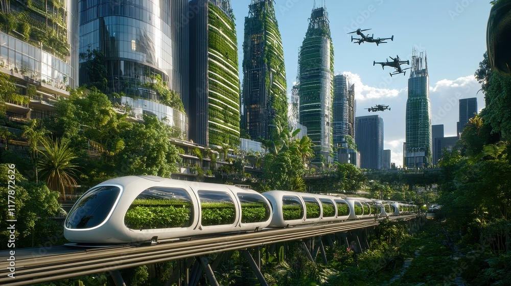 Fototapeta premium Futuristic city, elevated train, green buildings, drones.