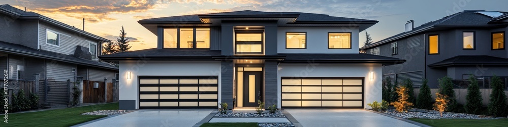 Modern two-story house with large windows and a sleek design in a suburban setting. Modern two-story house with large windows and a sleek design in a suburban setting.