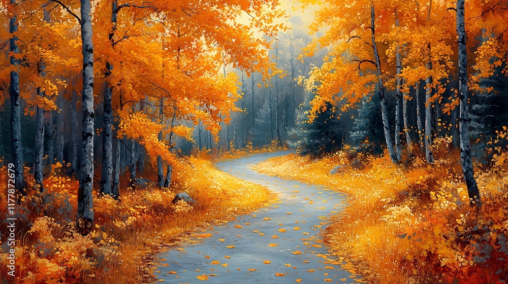 Fototapeta premium Captivating Autumn Forest Path With Tranquil Landscape Painting in Scenic Background