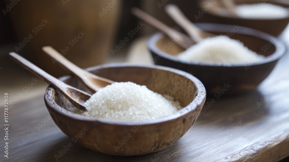 Wooden bowls filled with uncooked white rice and wooden spoons. Wooden bowls filled with uncooked white rice and wooden spoons.