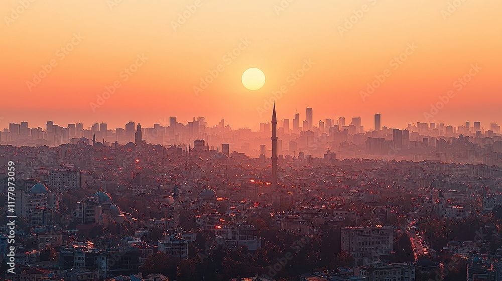 Obraz premium City skyline sunrise with mosque silhouette, hazy cityscape background.