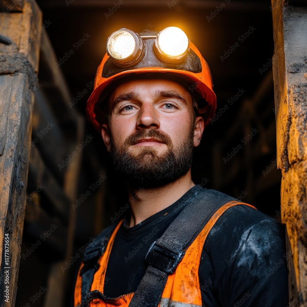 Young caucasian male miner wearing safety gear in dimly lit tunnel Young caucasian male miner wearing safety gear in dimly lit tunnel